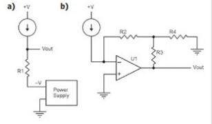 圖3：改進的電流測量電路：改進的電阻（a）和改進的互阻抗放大器（b）